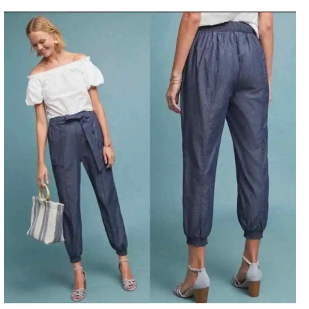 NWOTs Anthropologie Globetrotter Jean Chambray Tie Waist Jogger Pants  Blue